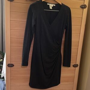 Max Studio Charcoal Long Sleeve Faux-Wrap Dress